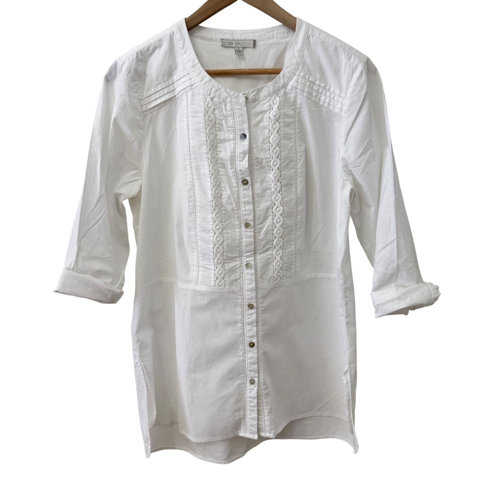 Pale Sky Tunic Top Size Large White Crochet Lace Pintuck‎ Button Down